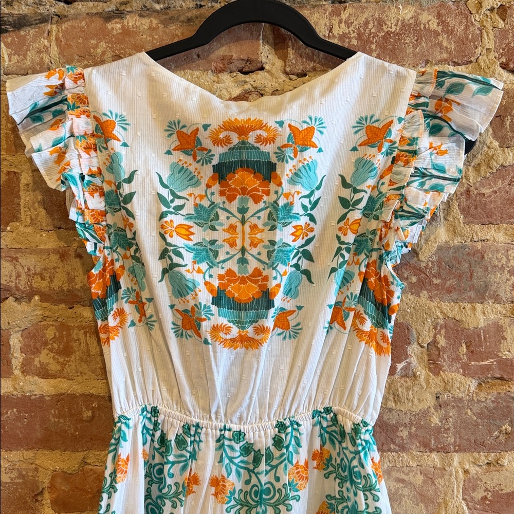 New with tags! CELINA MOON Floral Maxi Dress in White, Orange and turquoise - Picture 6 of 9
